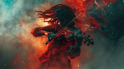 Smart musician focusing on playing instrument with colorful smoke and absorbing impressive feeling...