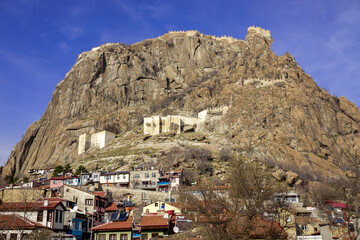 4 February 2024 Afyonkarahisar Turkey. Afyonkarahisar castle and Afyon cityscape from castle on a...