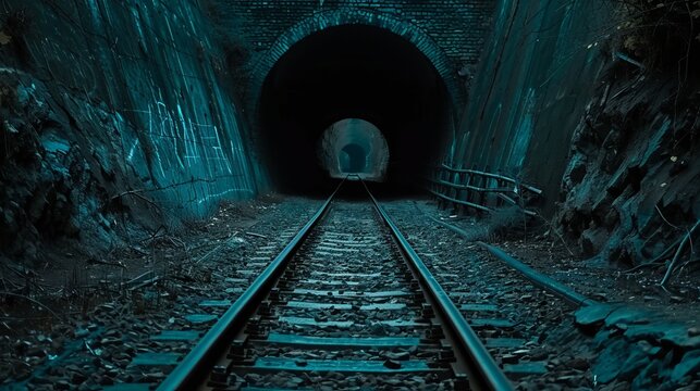 A close-up photograph of a dark and desolate railway tunnel