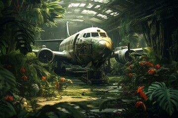 Vintage airplane sits forgotten in a lush, overgrown botanical greenhouse