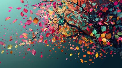 An illustration background featuring a colorful tree with leaves on hanging branches. This 3D abstraction serves as wallpaper for interior mural wall art decor.