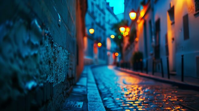 A close-up photograph of a mysterious blue Parisian street