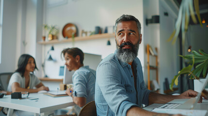 Mature businessman with a full beard looks contemplatively off to the side in a modern office setting, surrounded by diverse team members - Powered by Adobe