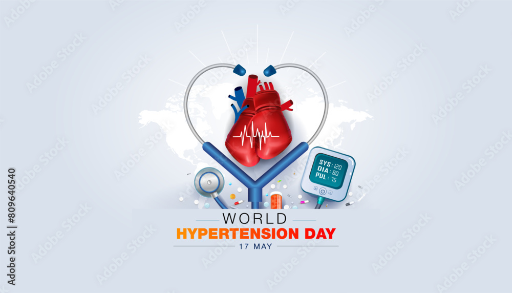 Wall mural hypertension day. heart high blood pressure or attack prevention care banner with medical stethoscop