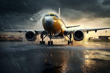 Dramatic view of a passenger jet splashing water on the runway during a heavy rainstorm