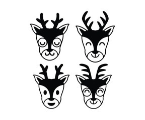 deer cute face head animal happy smile cartoon character icon vector design simple black white illustration collections sets