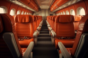 Perspective view of a vacant airplane interior with comfortable orange leather seats