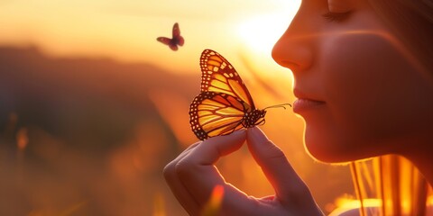 A delicate monarch butterfly perches gracefully on a human finger against a warm sunset with a...