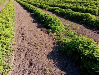 Even green rows of young raspberry bushes on a spacious field. Growing raspberries on large areas set aside for agricultural crops.