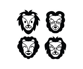 lion cute face animal head cartoon character drawing icon vector design simple black white illustration collections sets
