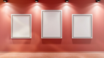 Three blank white frames on a light polished red wall, each highlighted by a distinct spotlight.