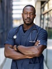 Confident African American nurse leading a medical meeting with integrity and expertise in a US clinic.