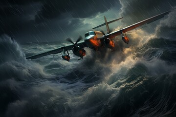 Gripping image of an airplane battling strong winds and high waves during an intense ocean storm