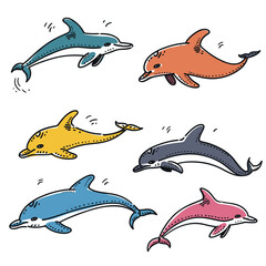Handdrawn colorful dolphins leaping, cartoon style, different colors, playful marine animals. Six various colored dolphins, illustration, jumping ocean creatures, white background. Marine life