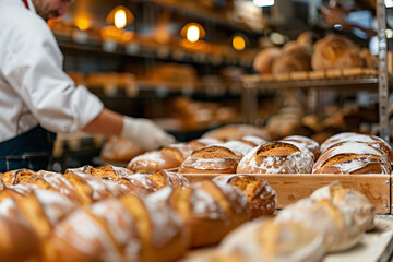 Close up of loaves of bread in industrial bakery kitchen