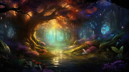 Fototapeta premium Enchanted forest watercolor illustration - Generative AI. Forest, tree, colorful, flowers, sunbeams.