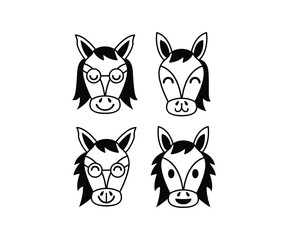 horse cute face animal head happy smile cartoon character vector icon design simple black white illustration collections sets
