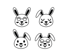 rabbit cute face animal head cartoon smile happy character icon vector design simple black white illustration collections sets