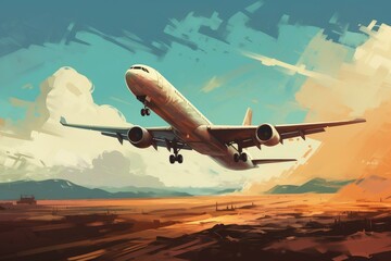 Artistic rendering of a commercial airplane ascending in a vibrant sunset sky