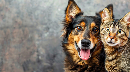 A close-up of a cat and a dog leaning against the camera