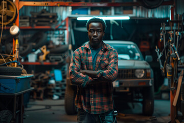 Fototapeta premium Portrait of one African American professional mechanical in the garage