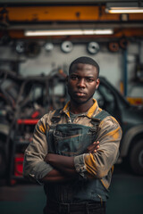 Portrait of one African American professional mechanical in the garage