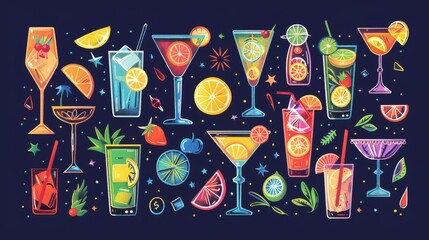 A modern illustration of different cocktails and ingredients in color for t-shirts, banners, flyers, and other design projects.