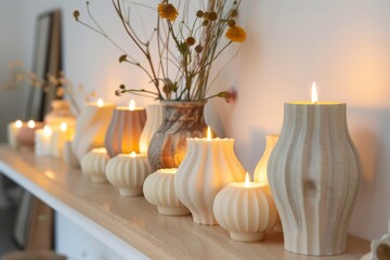 A row of handmade artisanal candles with unique shapes enhance the ambiance on a mantle. - Powered by Adobe