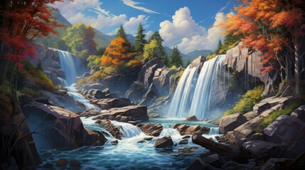 Epic waterfall watercolor illustration - Generative AI. Waterfall, autumn, tree, blue, sky.