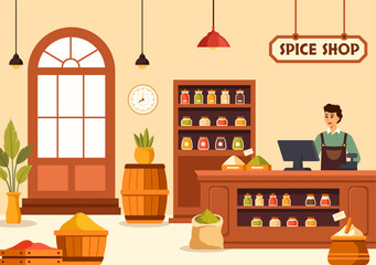 Spice Shop Vector Illustration With Different Hot Sauces, Condiment, Exotic Fresh Seasoning and Traditional Herbs in Flat Cartoon Background
