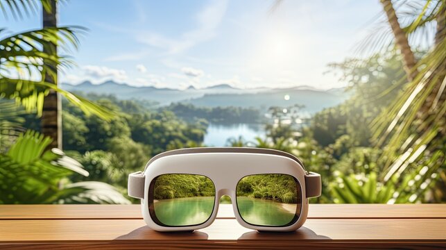 The VR headset display represents the sophistication of technology