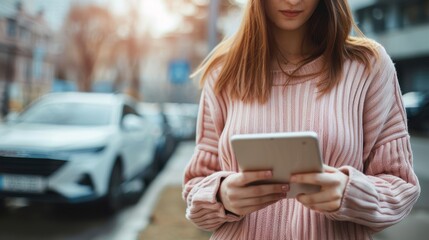 Image of a girl using an online searching service to find a car to buy or rent.