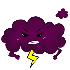 Cartoon of an angry dark purple cloud with yellow thunder