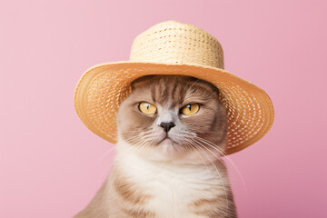 Cute cat with summer straw hat in front of pink studio background