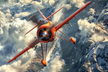 A skilled acrobatic pilot flies a red airplane through the air over a mountain range.