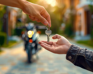 Motorbike dealer giving the keys to a buyer, side view, soft bokeh luxury motorbike in the background.