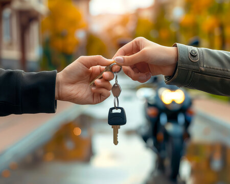 Motorbike dealer giving the keys to a buyer, side view, soft bokeh luxury motorbike in the background.