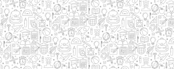 School and education seamless pattern, vector black line icons. Back to school banner with symbols of knowledge, learning, study, stationery. For cover, wrapping paper, textile print, web design