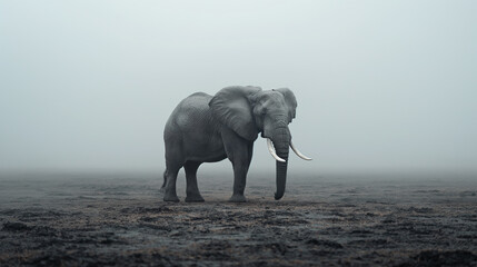Obraz premium An elephant standing in the middle of an empty field in foggy weather
