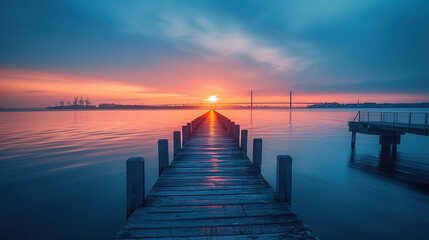 Obraz premium Long exposure of Infinite Bridge and Aarhus Bay at sunrise