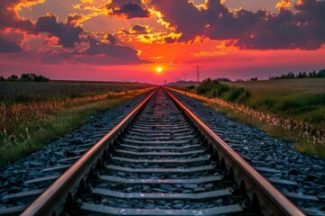 Railroad tracks close-up at dusk. Beautiful simple AI generated image in 4K, unique.