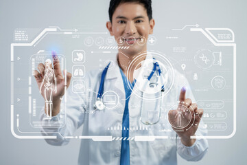 Medicine doctor hand working with modern digital tablet computer interface as medical network concept.