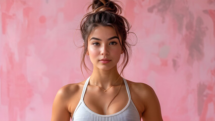 Obraz premium Elegant Yoga Fashion Western Girl's Updo, Stylish Updo Hairstyle for Yoga Sessions, Western Model's Yoga Look Chic Updo Hair, Fashionable Yoga Ensemble Updo Hairstyle on Western Girl