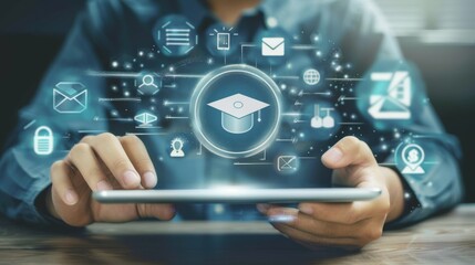 Man touches a certificate icon (diploma). He holds a tablet computer, which contains several online services.