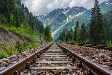 Fototapeta premium Railroad tracks close-up at dusk. Beautiful simple AI generated image in 4K, unique.