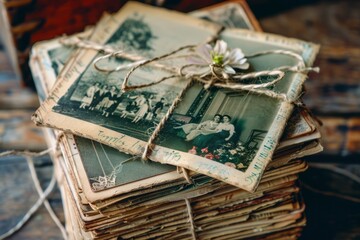 A collection of vintage postcards tied together with twine, showcasing romantic scenes and memories.