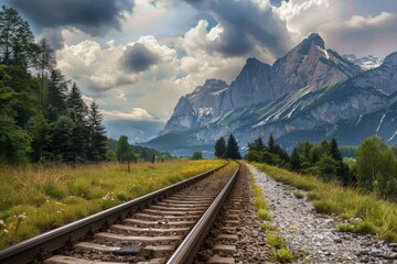 Fototapeta premium Railroad tracks close-up at dusk. Beautiful simple AI generated image in 4K, unique.