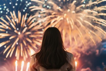 花火を見ている日本人女性の背中（日本の夏・夏祭り・夜空）