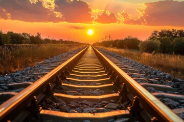 Fototapeta premium Railroad tracks close-up at dusk. Beautiful simple AI generated image in 4K, unique.