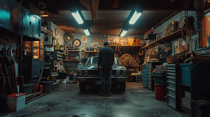 Fototapeta premium One man professional mechanic look at the car in the garage